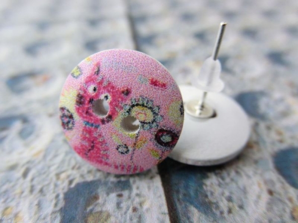 Holz Knopf Ohrstecker Katze Cat Blümchen